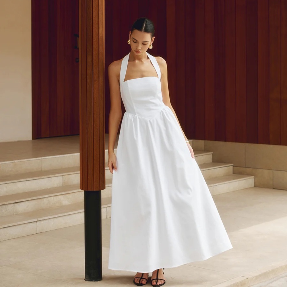 NWT. Commense - Cotton & Linen Halter A Line Long Dress. White.
